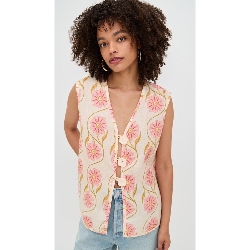 VRG GRL NWT Lorena Linen Vest Floral Button Front Size 6
